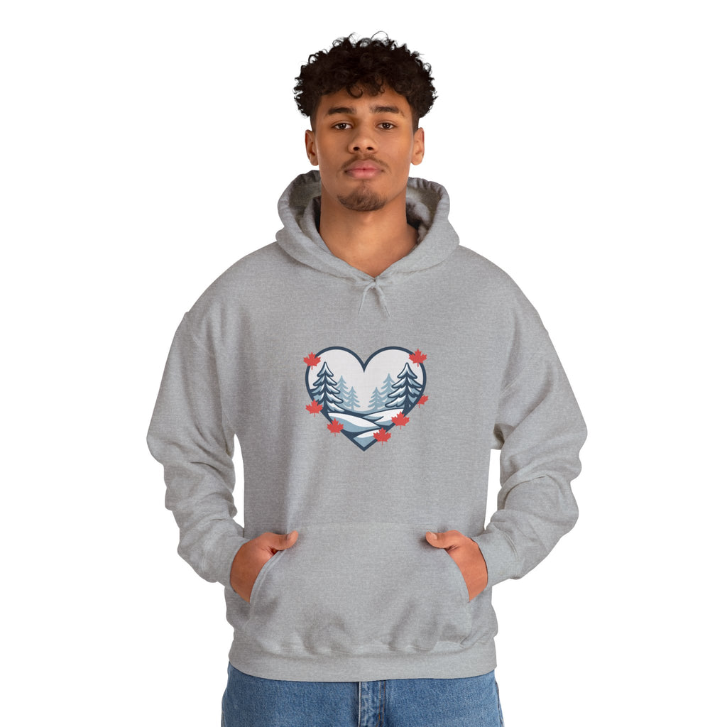 Heart-Shaped Mountain Hoodie — Cozy Forest Love Design