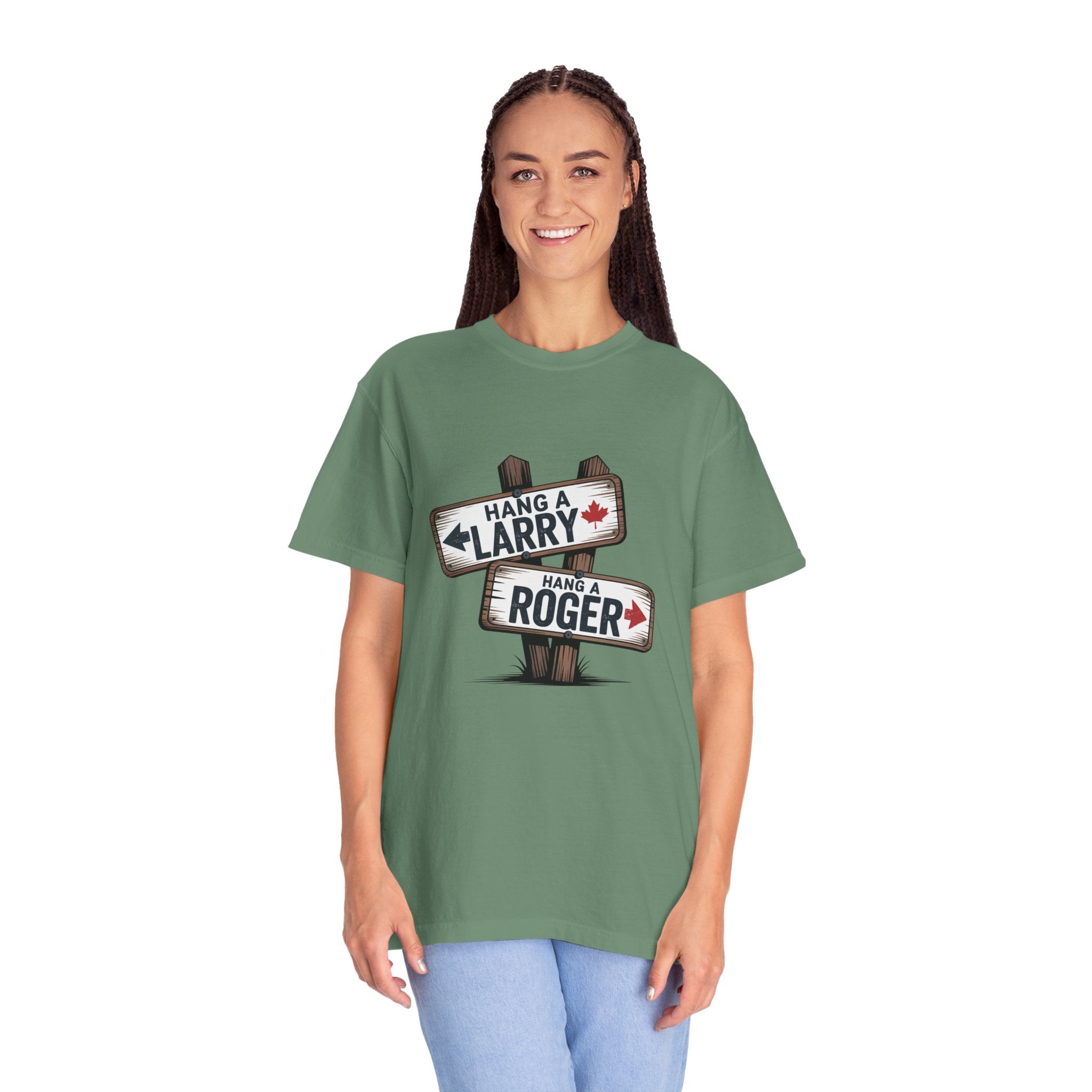 'Hang a Larry Hang a Roger' Signpost T-Shirt — Retro Roadside Humor Tee