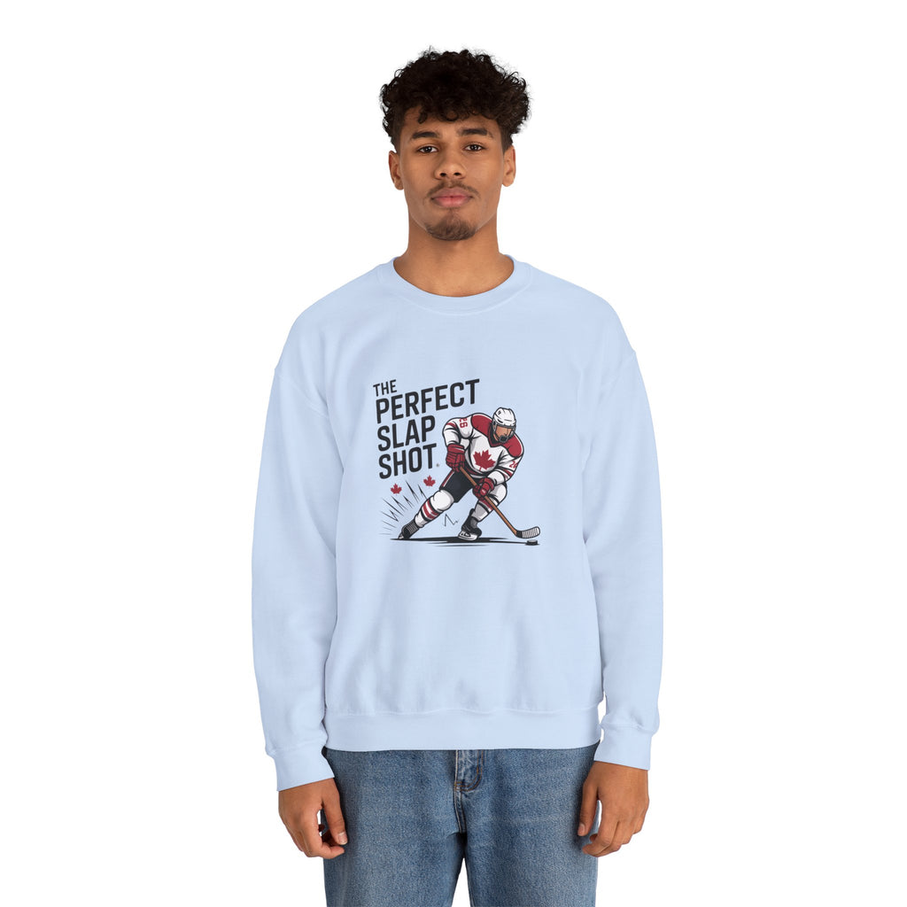 Hockey Slap Shot Sweatshirt — "The Perfect Slap Shot" Crewneck for Players & Fans