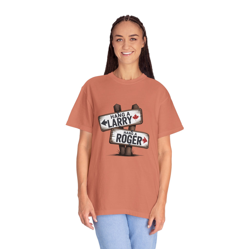 'Hang a Larry Hang a Roger' Signpost T-Shirt — Retro Roadside Humor Tee