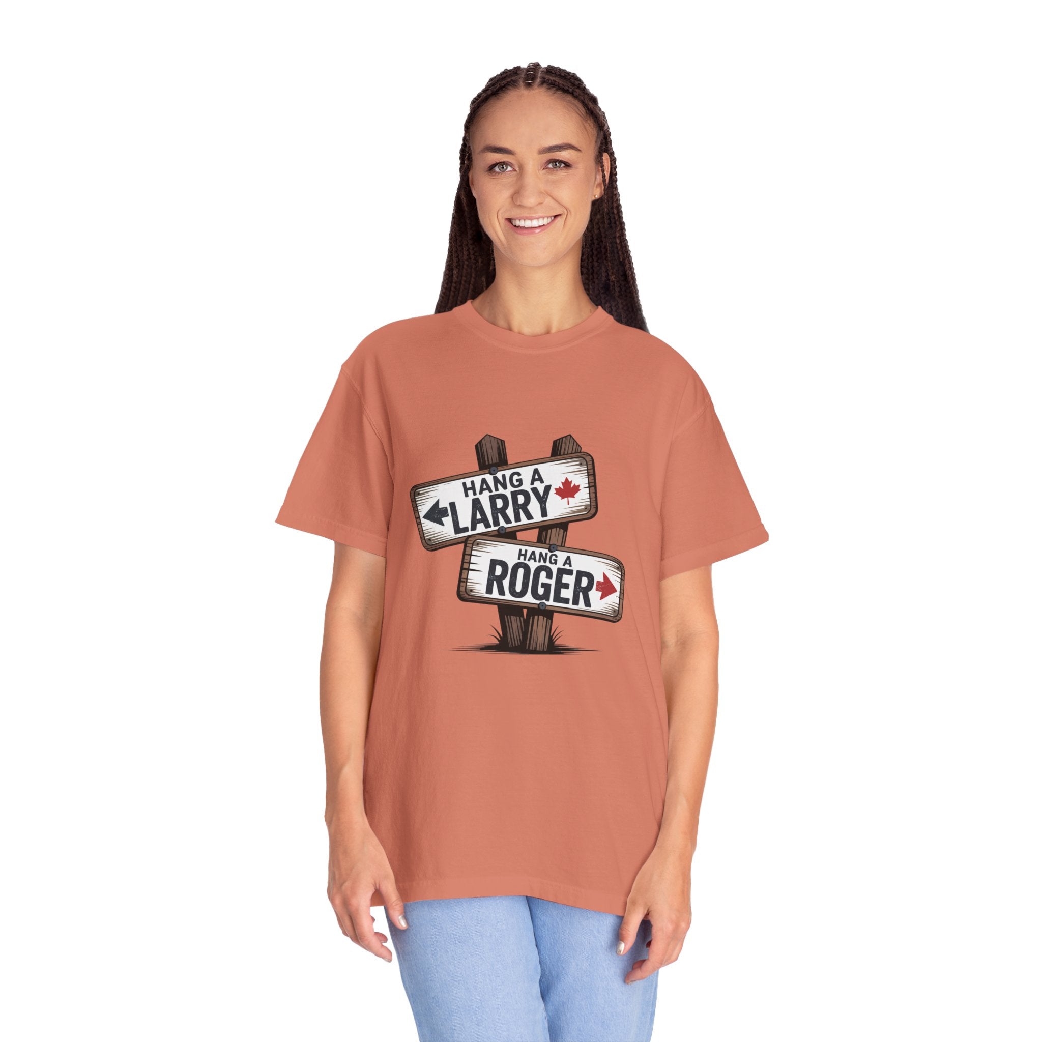'Hang a Larry Hang a Roger' Signpost T-Shirt — Retro Roadside Humor Tee