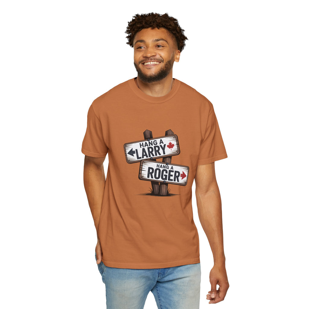 'Hang a Larry Hang a Roger' Signpost T-Shirt — Retro Roadside Humor Tee