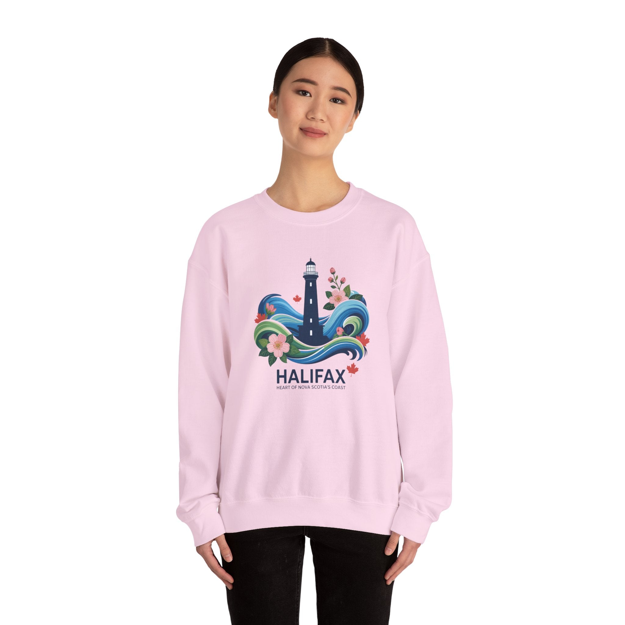 Halifax Lighthouse Crewneck Sweatshirt — Nautical Waves & Floral Travel Souvenir