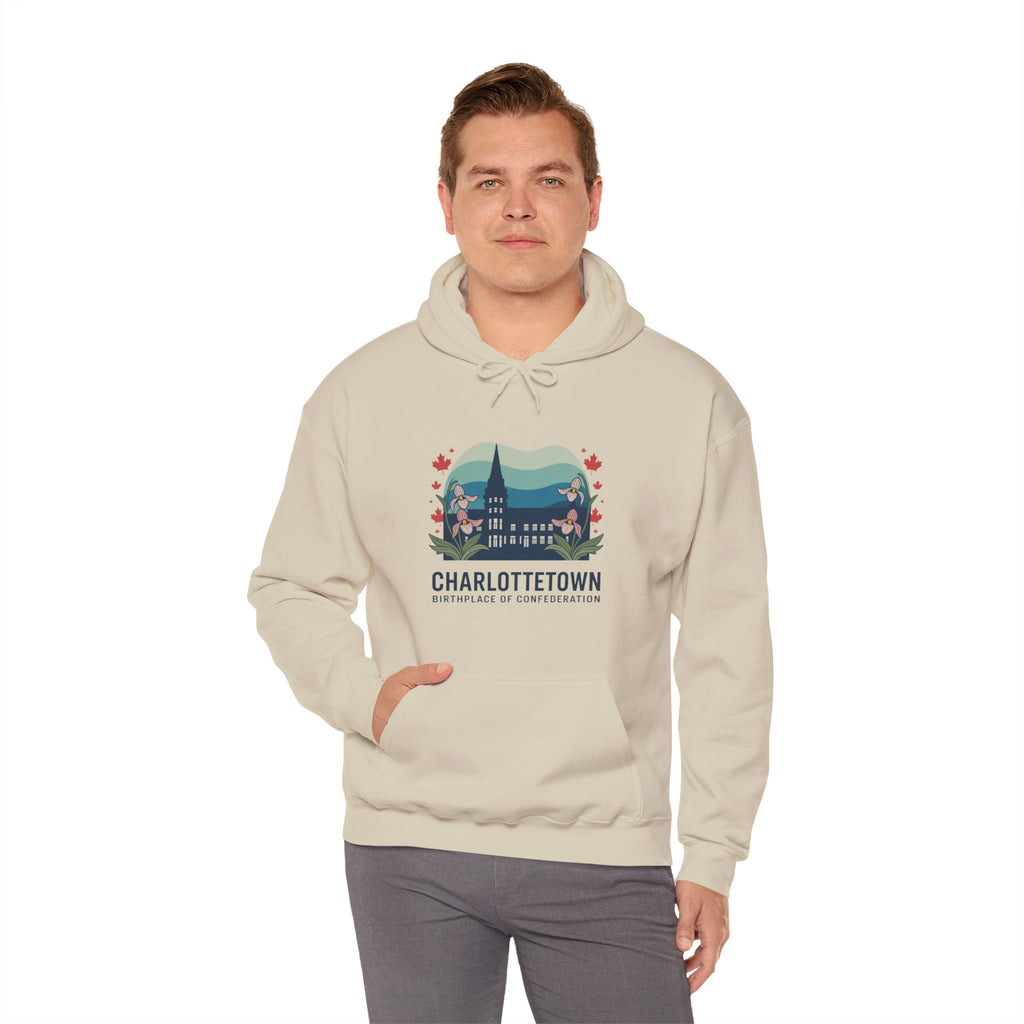 Charlottetown Scenic Hoodie — Vintage Island Skyline & Parliament Building Design