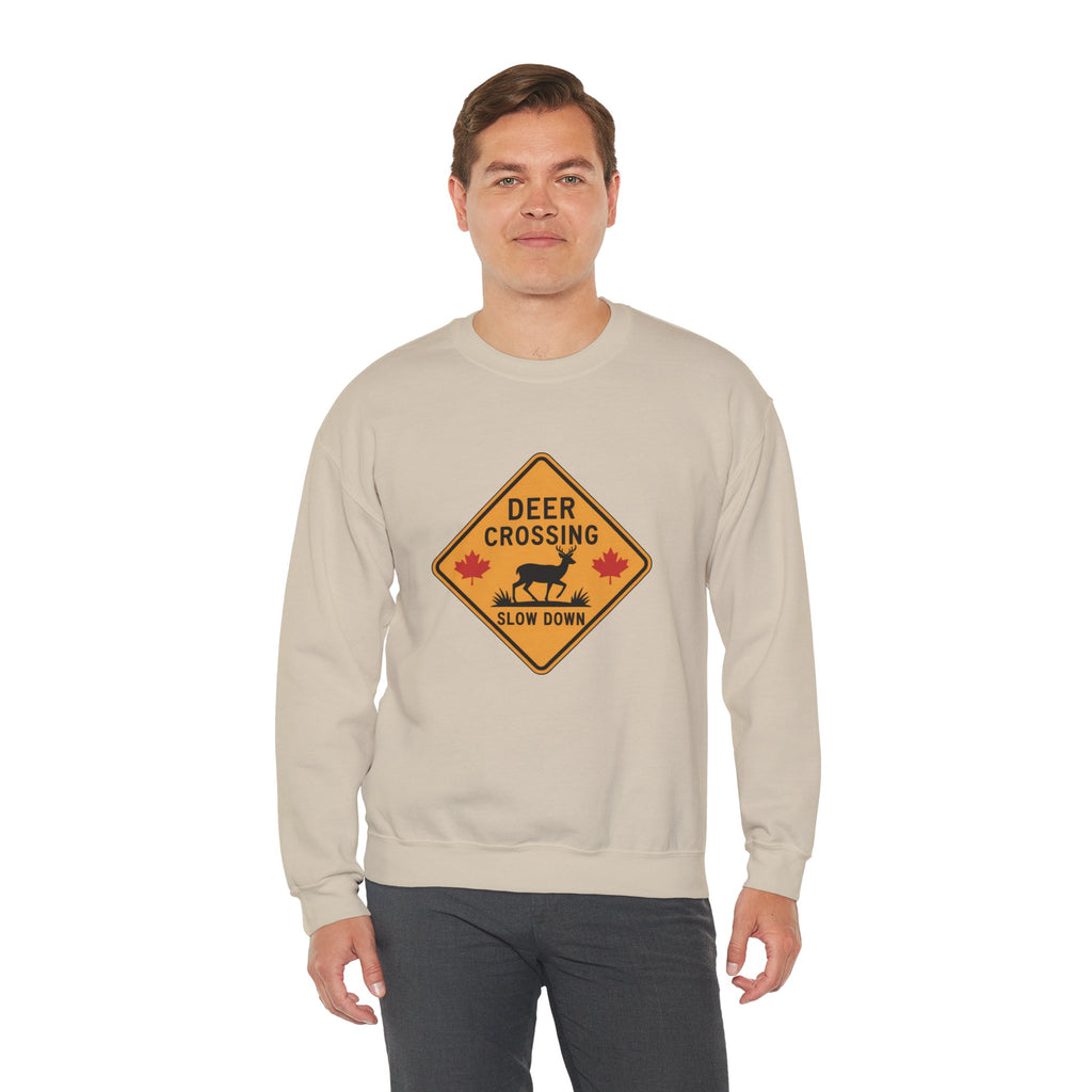 Deer Crossing Sweatshirt — 'Deer Crossing Slow Down' Road Sign Crewneck